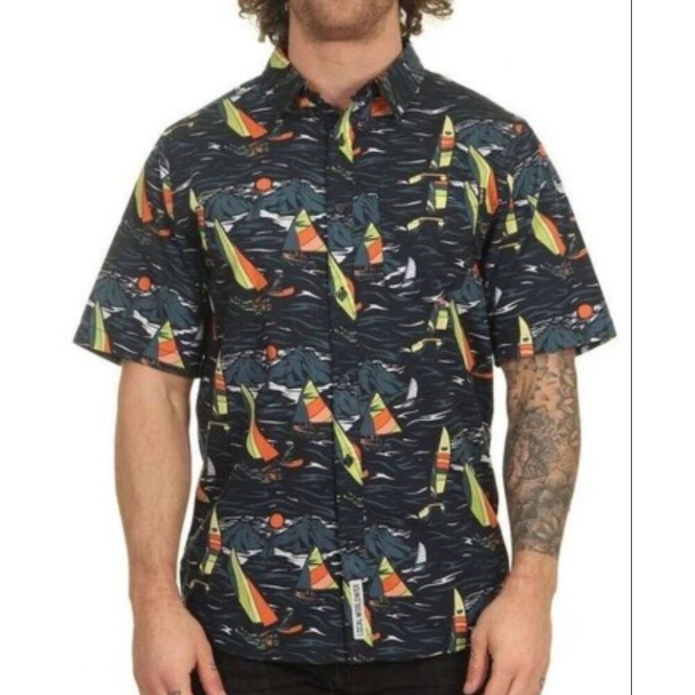 KAVU Men’s XXL Button Up Shirt Blue Sailboat Nautical Print Cotton Short Sleeve